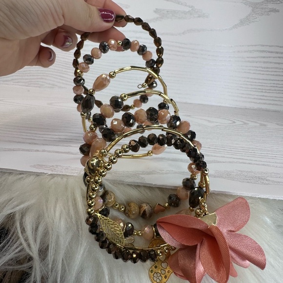 NEW handmade Elegant Gold ,Pink and brown chezco crystal Beaded slinky Bracelet - Picture 7 of 7